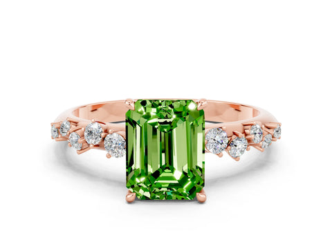 Rose gold Emerald Cut Peridot Cluster Side Stone Solitaire Ring with Prong Setting_24