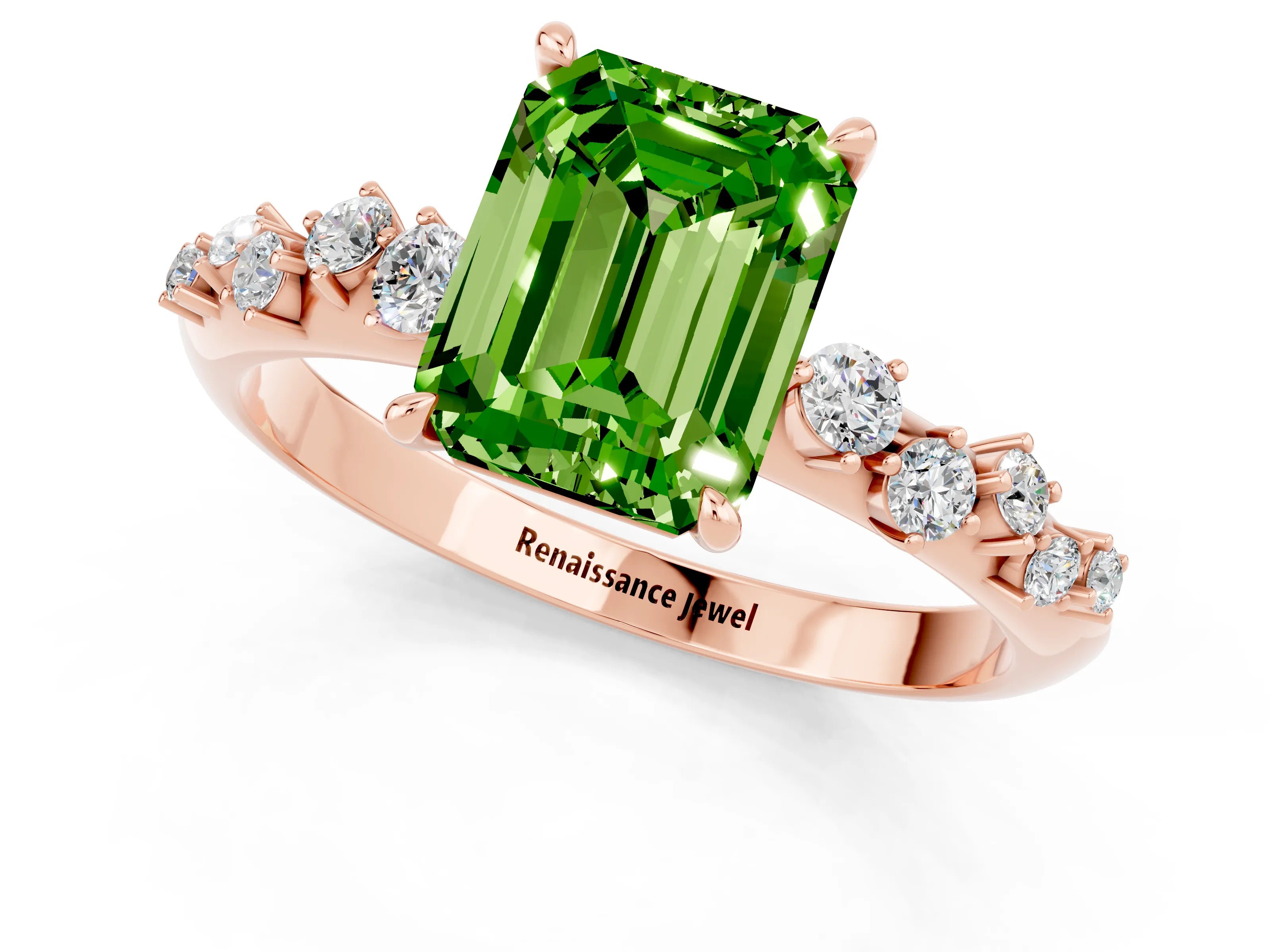 Rose gold Emerald Cut Peridot Cluster Side Stone Solitaire Ring with Prong Setting_25