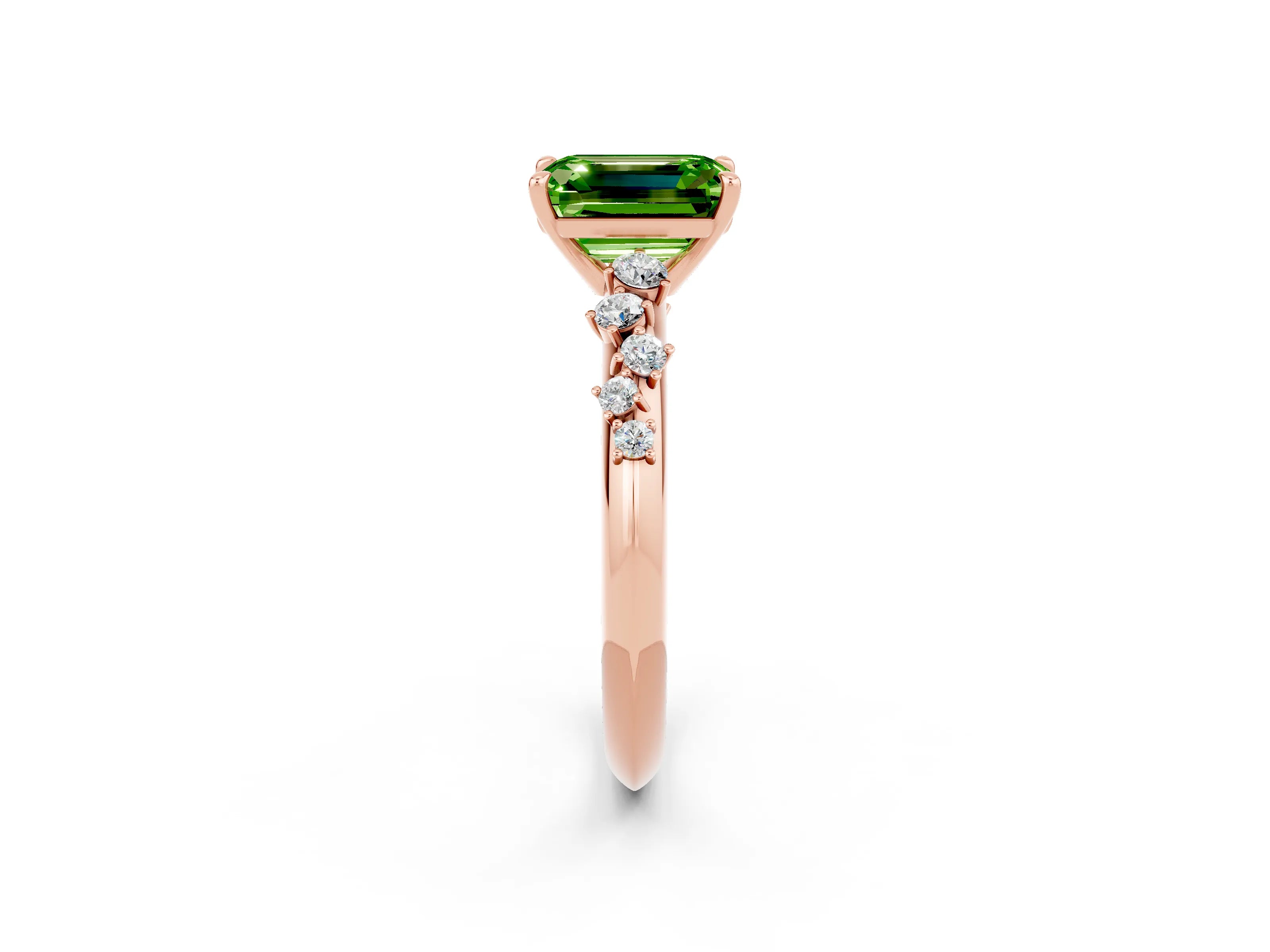 Rose gold Emerald Cut Peridot Cluster Side Stone Solitaire Ring with Prong Setting_26