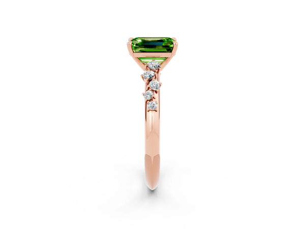 Rose gold Emerald Cut Peridot Cluster Side Stone Solitaire Ring with Prong Setting