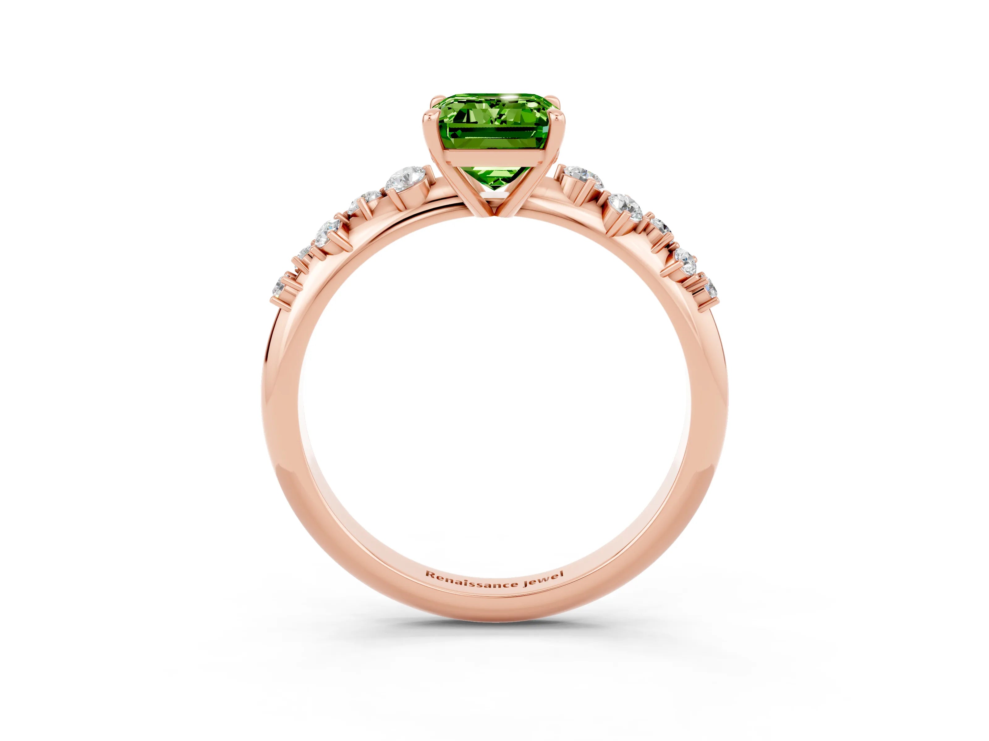 Rose gold Emerald Cut Peridot Cluster Side Stone Solitaire Ring with Prong Setting_27