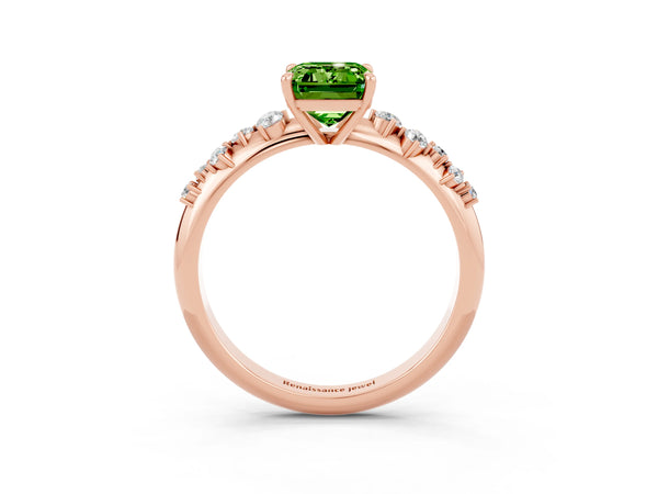 Rose gold Emerald Cut Peridot Cluster Side Stone Solitaire Ring with Prong Setting