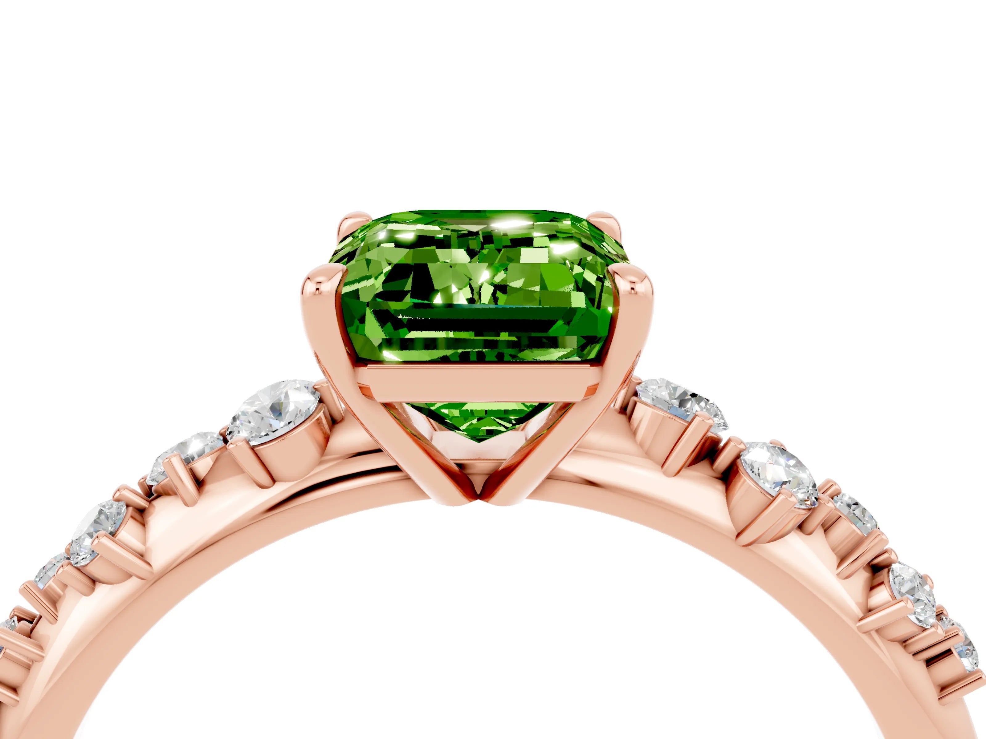 Rose gold Emerald Cut Peridot Cluster Side Stone Solitaire Ring with Prong Setting_28