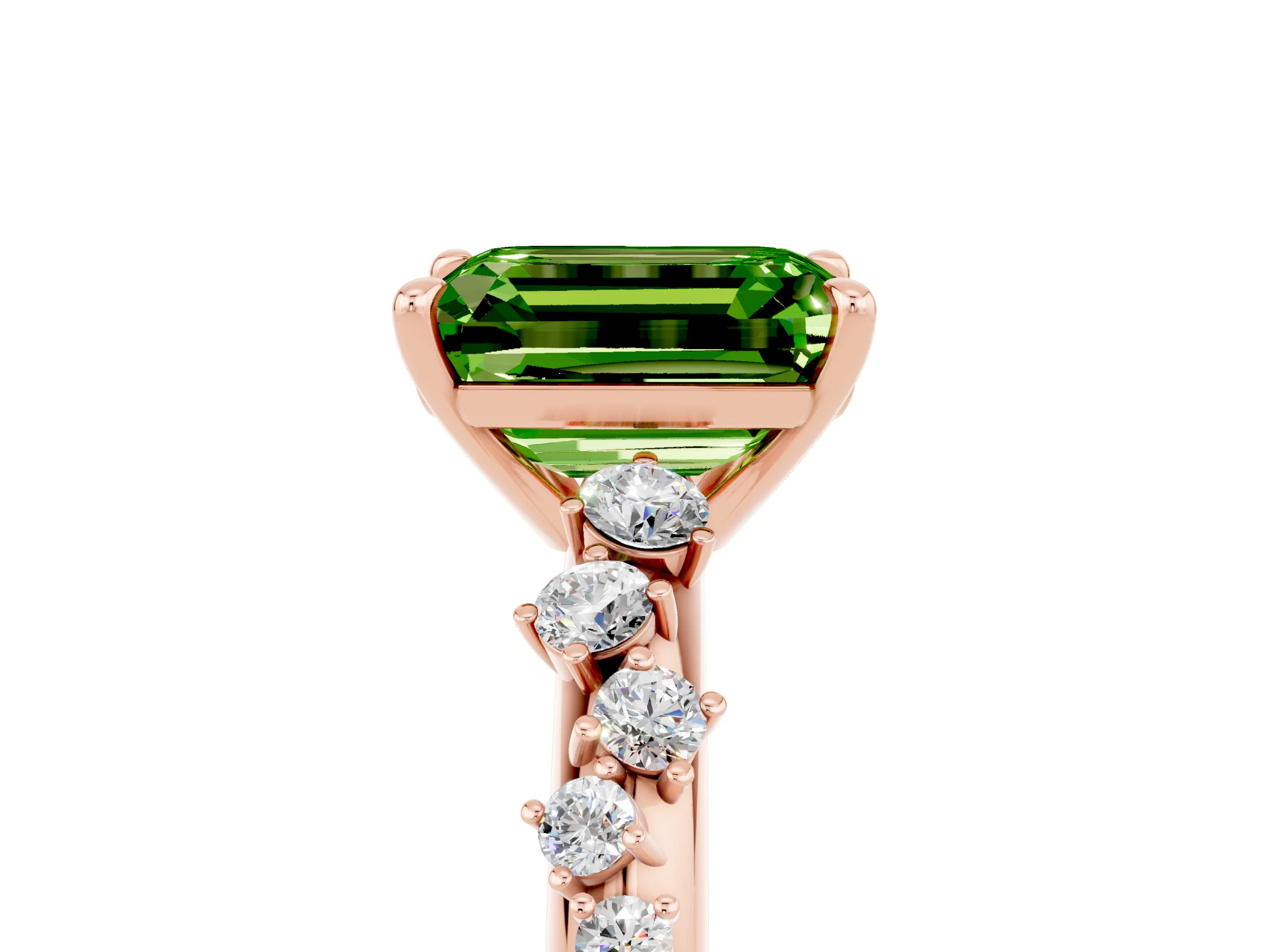 Rose gold Emerald Cut Peridot Cluster Side Stone Solitaire Ring with Prong Setting_29