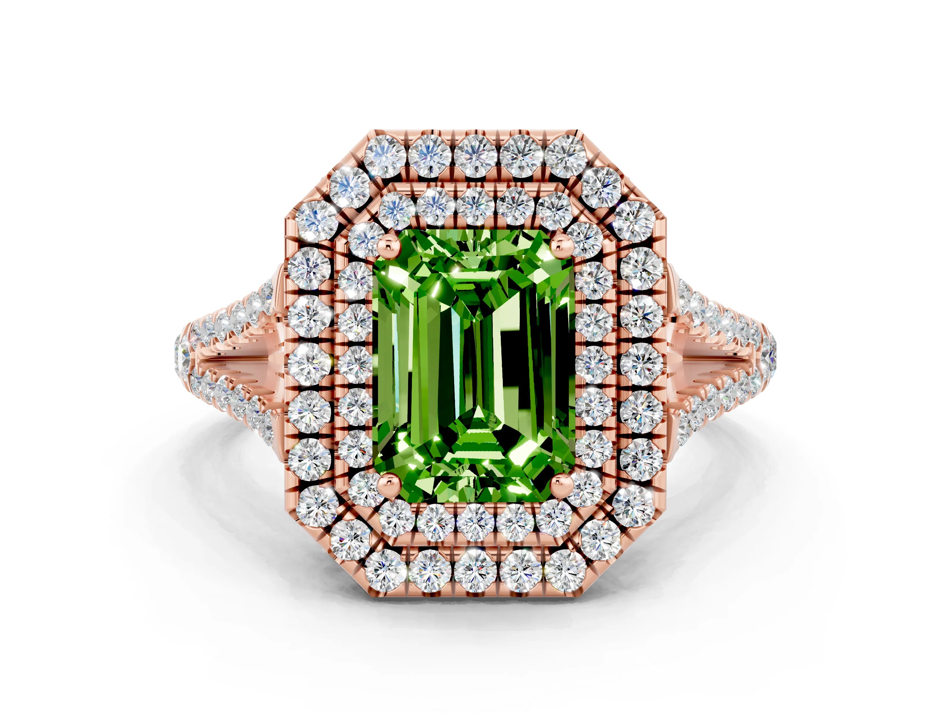 Rose gold Emerald Cut Peridot Double Halo Ring with Pavé Band and Prong Setting_12