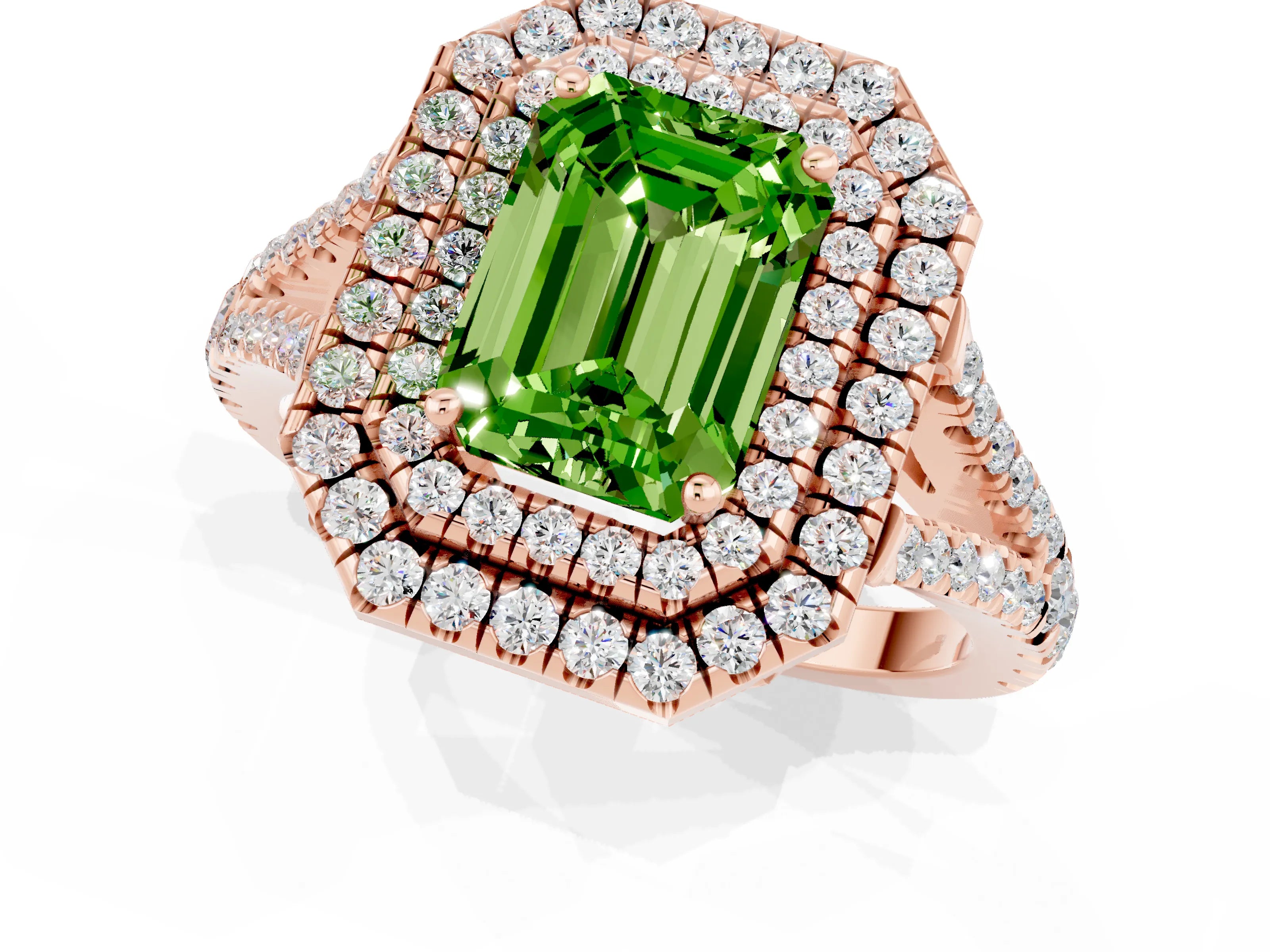 Rose gold Emerald Cut Peridot Double Halo Ring with Pavé Band and Prong Setting_13