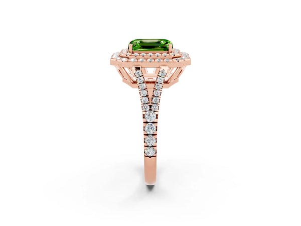 Rose gold Emerald Cut Peridot Double Halo Ring with Pavé Band and Prong Setting