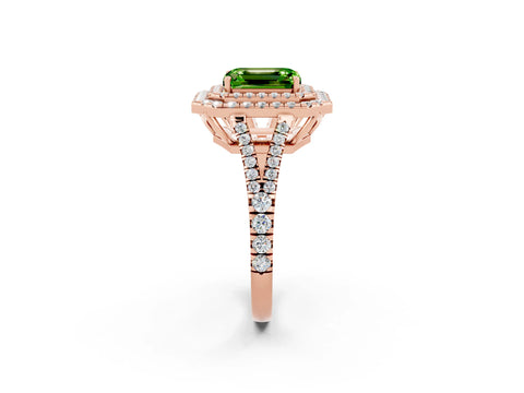 Rose gold Emerald Cut Peridot Double Halo Ring with Pavé Band and Prong Setting_14