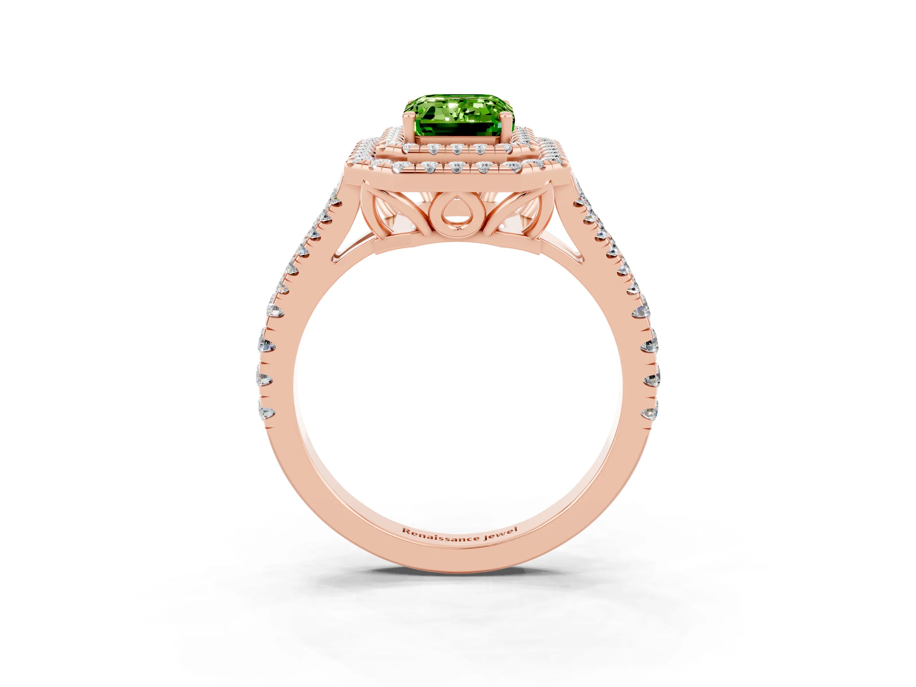 Rose gold Emerald Cut Peridot Double Halo Ring with Pavé Band and Prong Setting_15