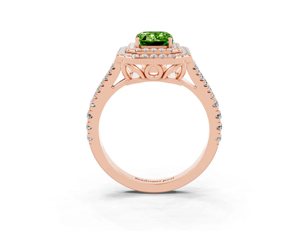 Rose gold Emerald Cut Peridot Double Halo Ring with Pavé Band and Prong Setting