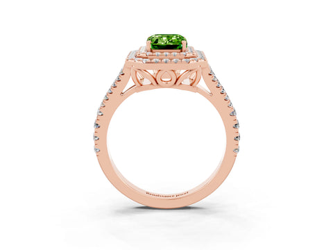 Rose gold Emerald Cut Peridot Double Halo Ring with Pavé Band and Prong Setting_15