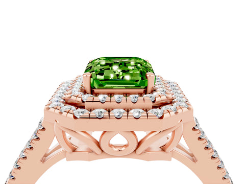Rose gold Emerald Cut Peridot Double Halo Ring with Pavé Band and Prong Setting_16