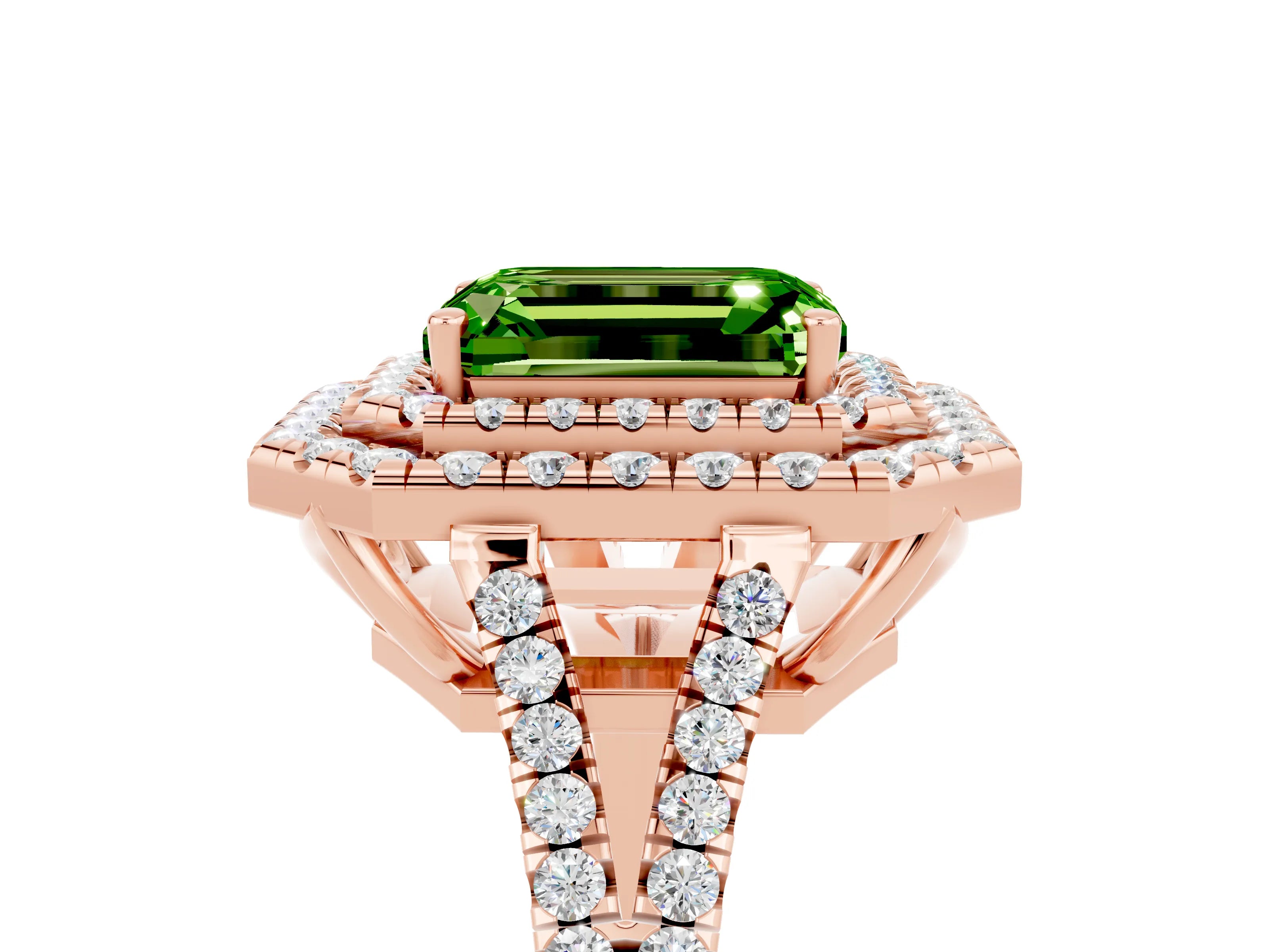 Rose gold Emerald Cut Peridot Double Halo Ring with Pavé Band and Prong Setting_17