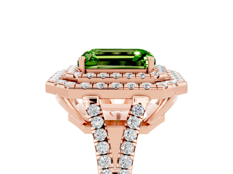Rose gold Emerald Cut Peridot Double Halo Ring with Pavé Band and Prong Setting_17