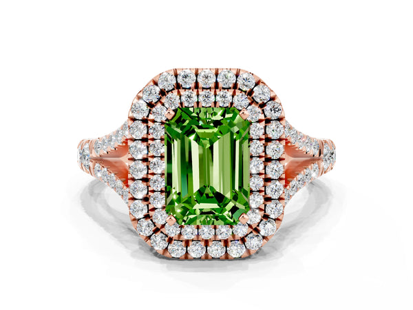 Rose gold Emerald Cut Peridot Double Halo Ring with Split Shank and Prong Setting