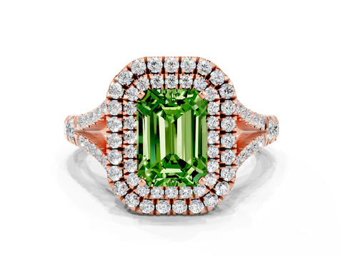 Rose gold Emerald Cut Peridot Double Halo Ring with Split Shank and Prong Setting_12