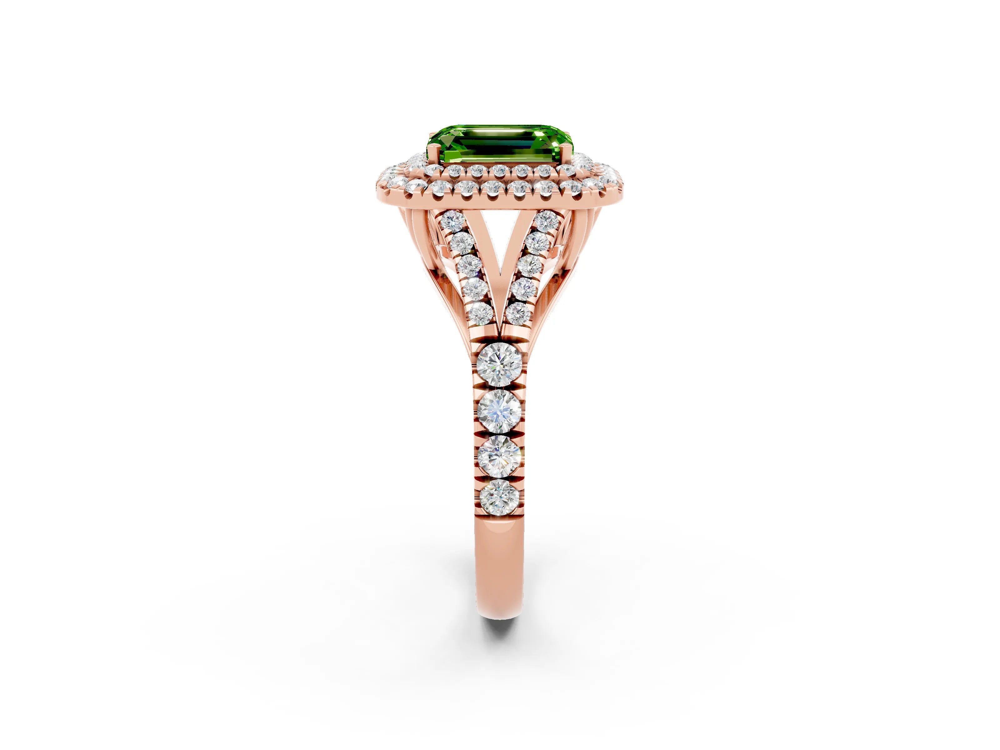 Rose gold Emerald Cut Peridot Double Halo Ring with Split Shank and Prong Setting_14