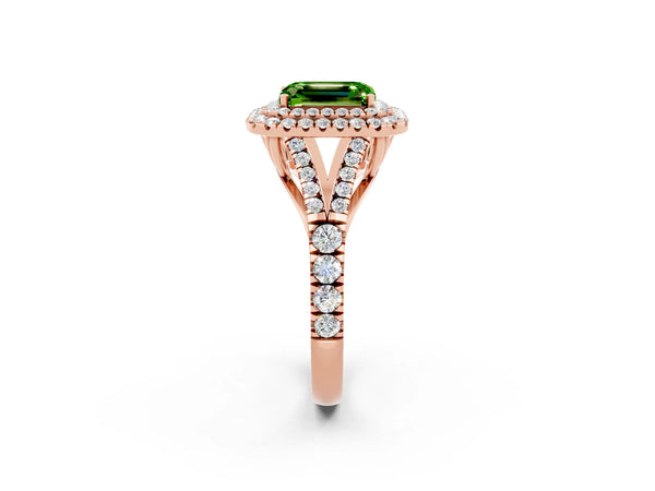 Rose gold Emerald Cut Peridot Double Halo Ring with Split Shank and Prong Setting