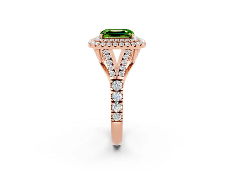 Rose gold Emerald Cut Peridot Double Halo Ring with Split Shank and Prong Setting_14