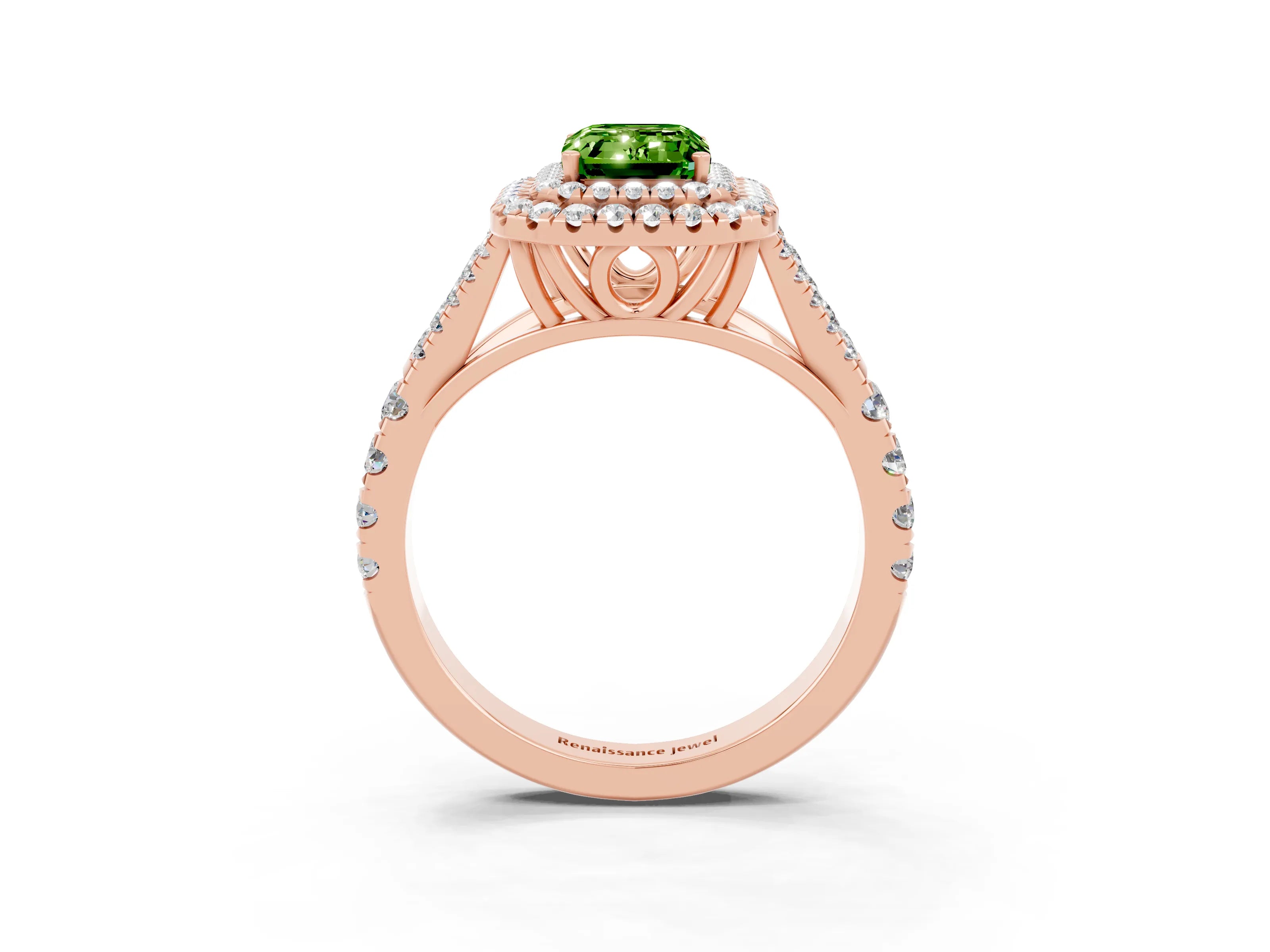 Rose gold Emerald Cut Peridot Double Halo Ring with Split Shank and Prong Setting_15