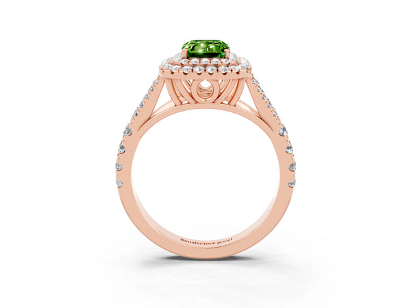 Rose gold Emerald Cut Peridot Double Halo Ring with Split Shank and Prong Setting