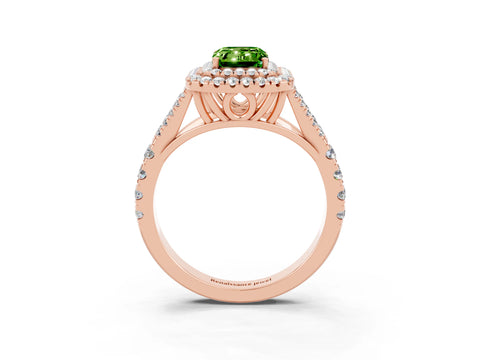 Rose gold Emerald Cut Peridot Double Halo Ring with Split Shank and Prong Setting_15