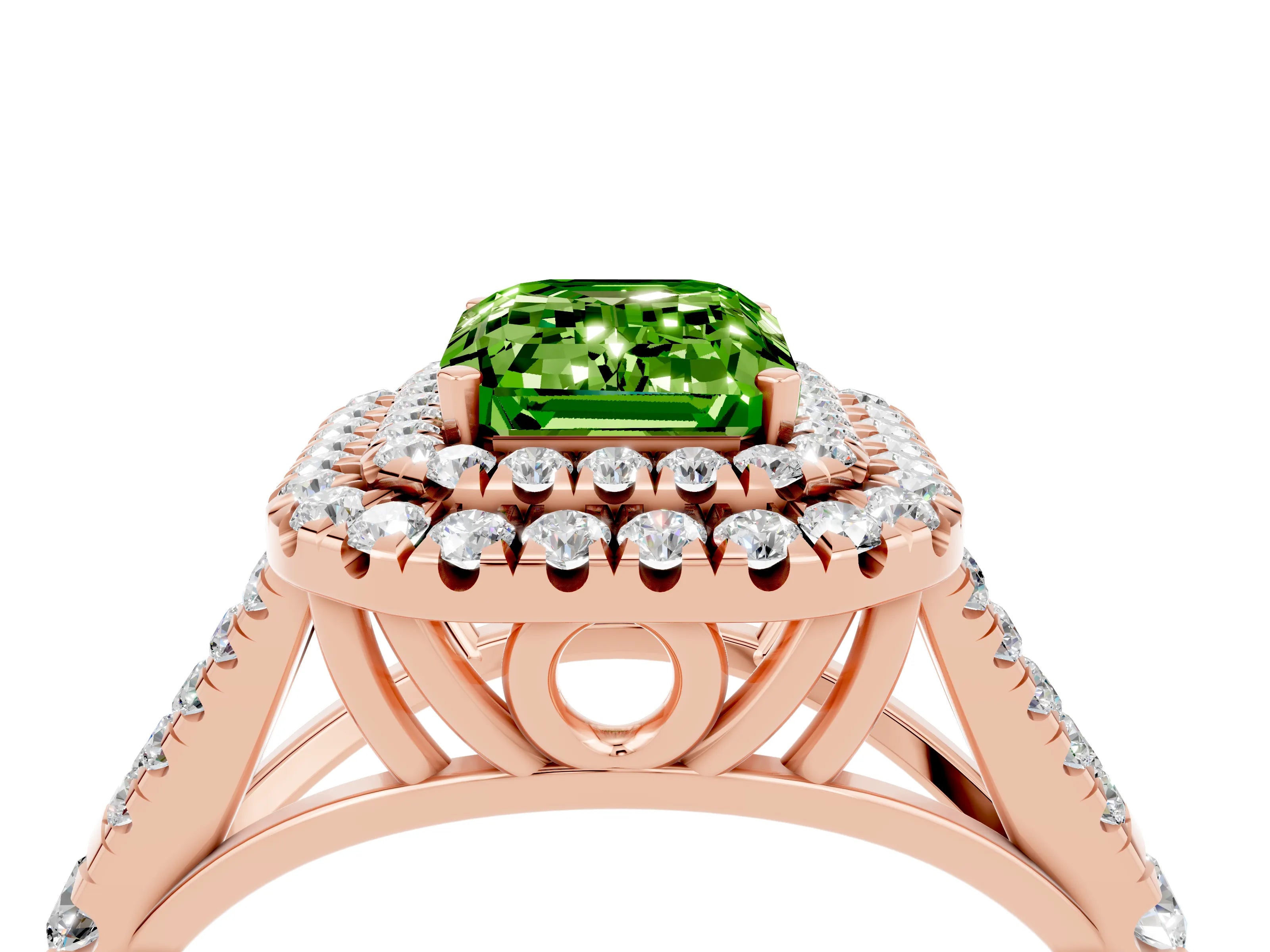 Rose gold Emerald Cut Peridot Double Halo Ring with Split Shank and Prong Setting_16