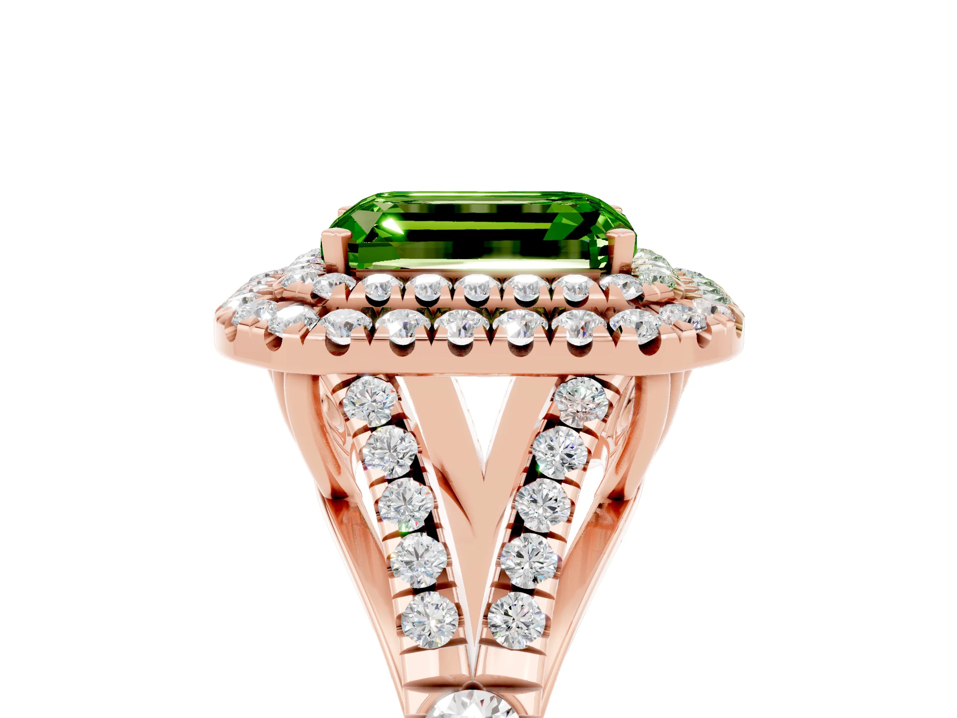 Rose gold Emerald Cut Peridot Double Halo Ring with Split Shank and Prong Setting_17