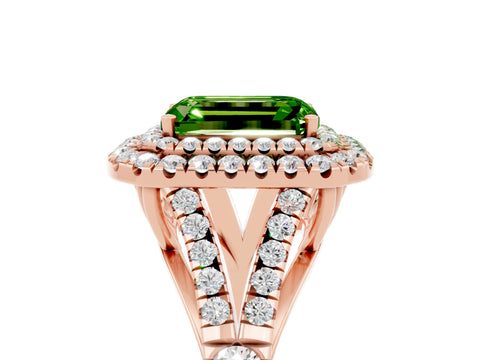 Rose gold Emerald Cut Peridot Double Halo Ring with Split Shank and Prong Setting_17