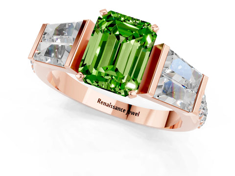 Rose gold Emerald Cut Peridot Engagement Ring with Baguette Side Stones and Channel Set Band_1