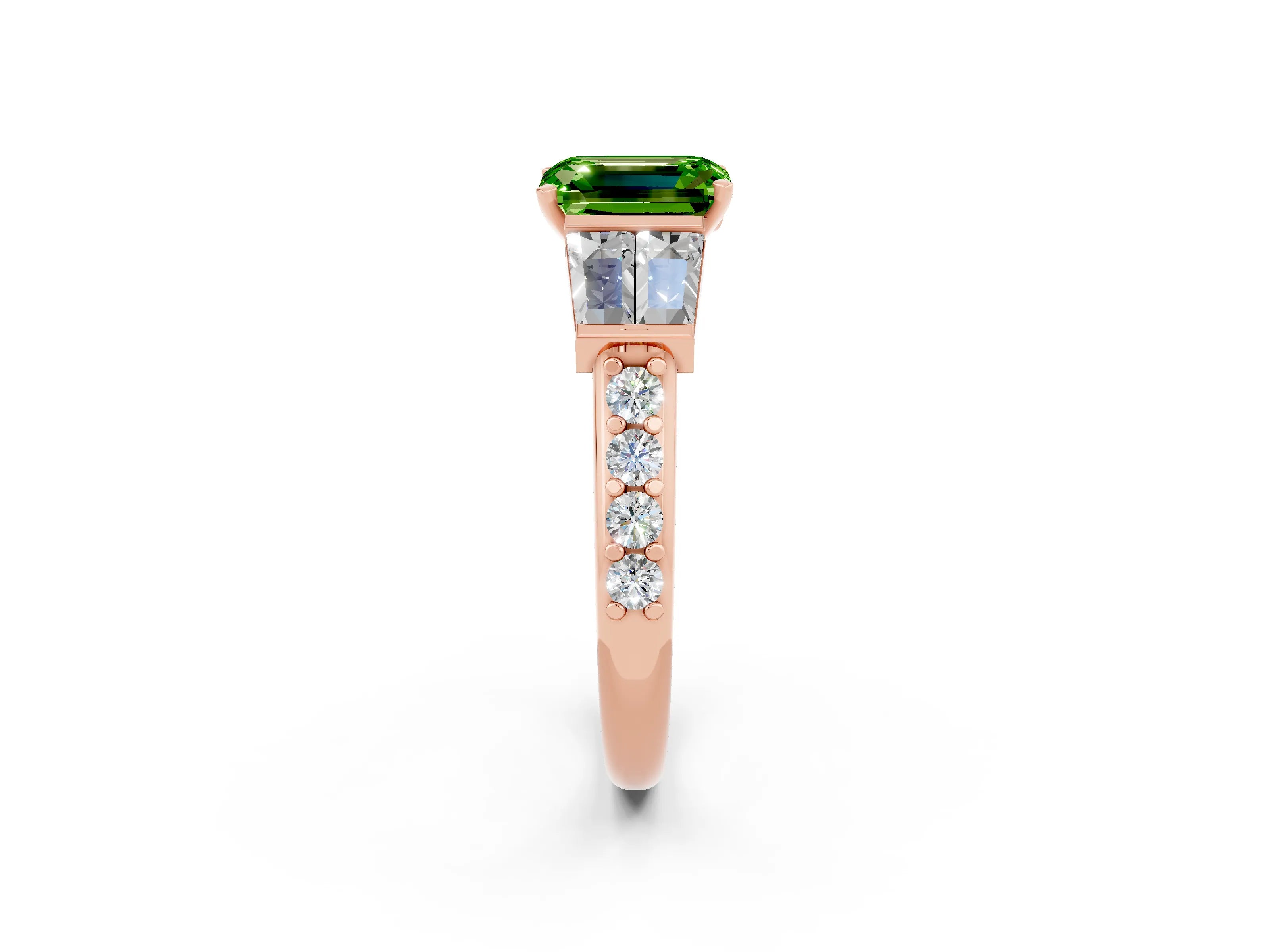 Rose gold Emerald Cut Peridot Engagement Ring with Baguette Side Stones and Channel Set Band_2