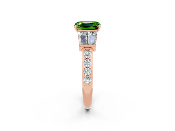 Rose gold Emerald Cut Peridot Engagement Ring with Baguette Side Stones and Channel Set Band
