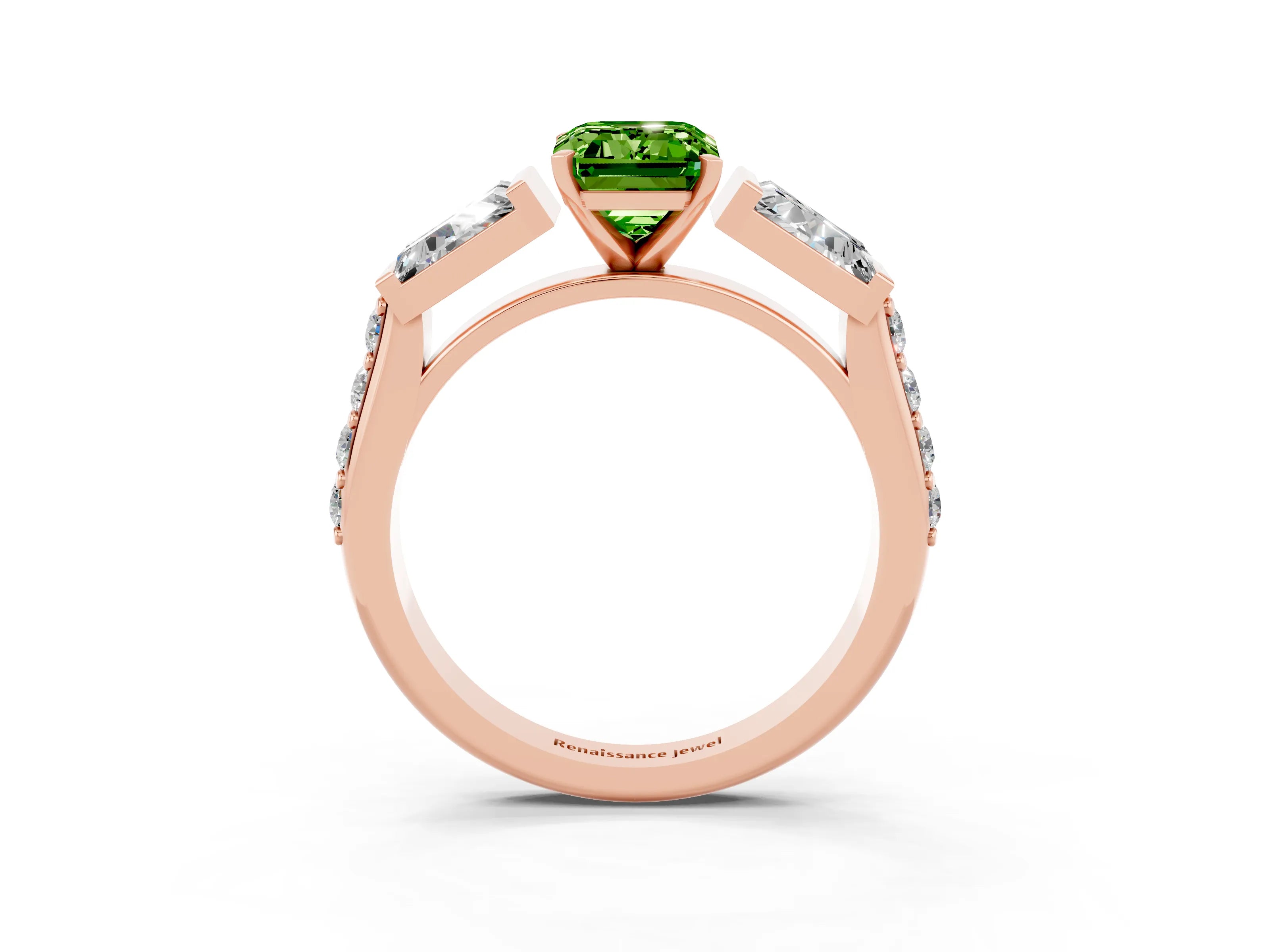 Rose gold Emerald Cut Peridot Engagement Ring with Baguette Side Stones and Channel Set Band_3
