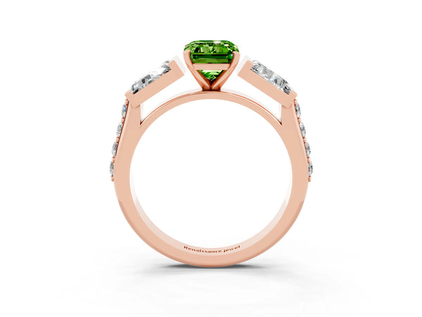 Rose gold Emerald Cut Peridot Engagement Ring with Baguette Side Stones and Channel Set Band