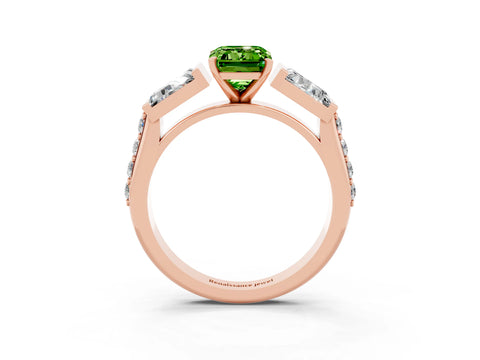 Rose gold Emerald Cut Peridot Engagement Ring with Baguette Side Stones and Channel Set Band_3