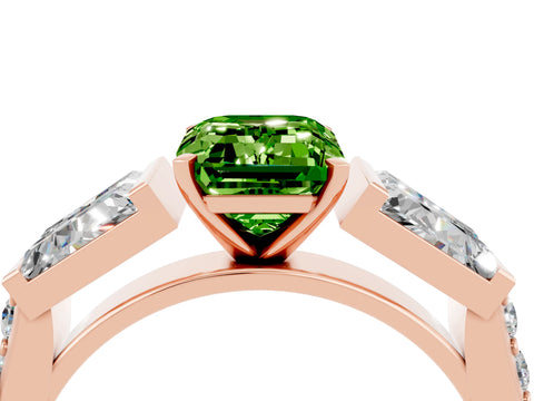 Rose gold Emerald Cut Peridot Engagement Ring with Baguette Side Stones and Channel Set Band_4