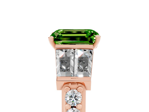 Rose gold Emerald Cut Peridot Engagement Ring with Baguette Side Stones and Channel Set Band_5
