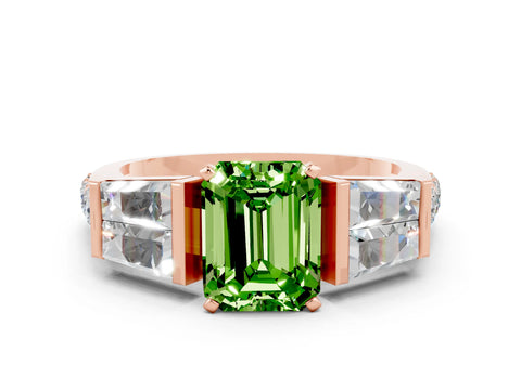 Rose gold Emerald Cut Peridot Engagement Ring with Baguette Side Stones and Channel Set Band