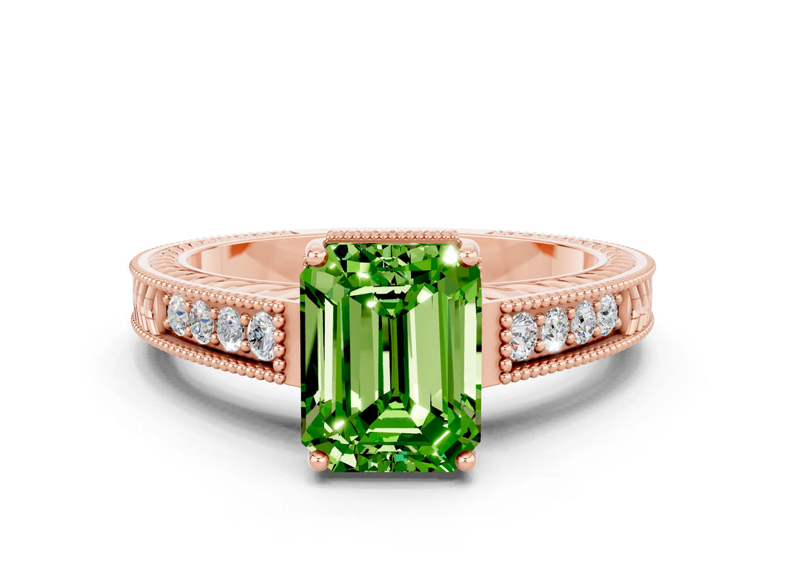Rose gold Emerald Cut Peridot Engagement Ring with Milgrain Channel Set Band and Prong Setting