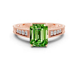 Rose gold Emerald Cut Peridot Engagement Ring with Milgrain Channel Set Band and Prong Setting