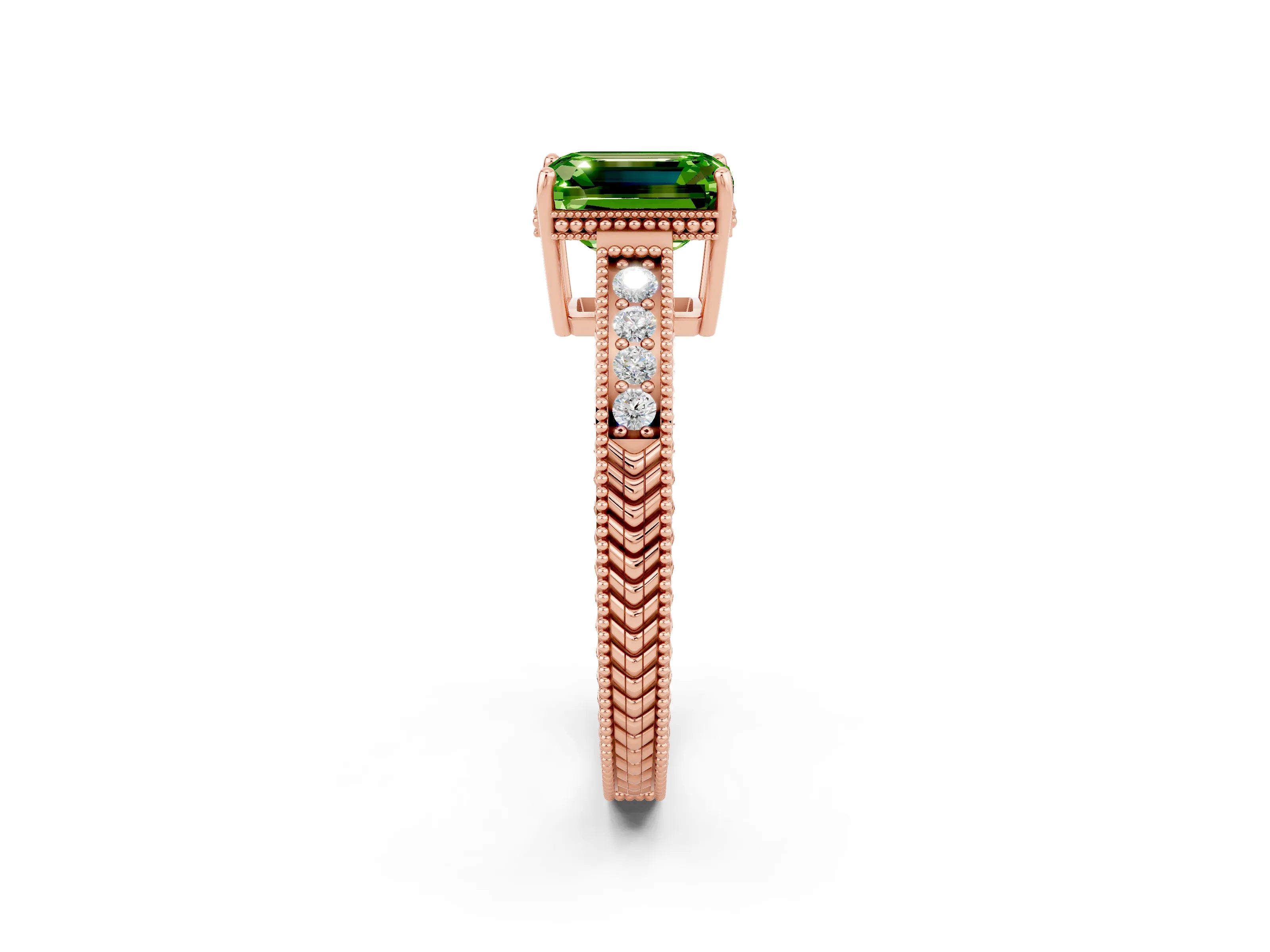 Rose gold Emerald Cut Peridot Engagement Ring with Milgrain Channel Set Band and Prong Setting_2