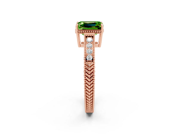 Rose gold Emerald Cut Peridot Engagement Ring with Milgrain Channel Set Band and Prong Setting