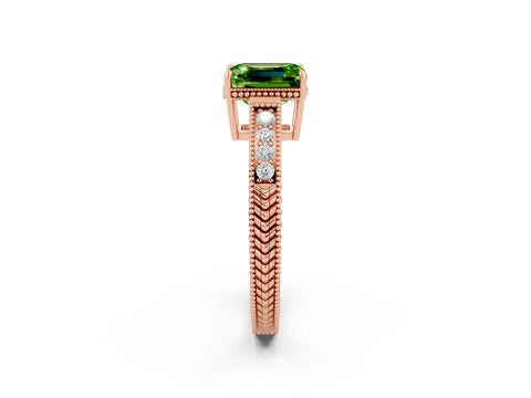 Rose gold Emerald Cut Peridot Engagement Ring with Milgrain Channel Set Band and Prong Setting_2