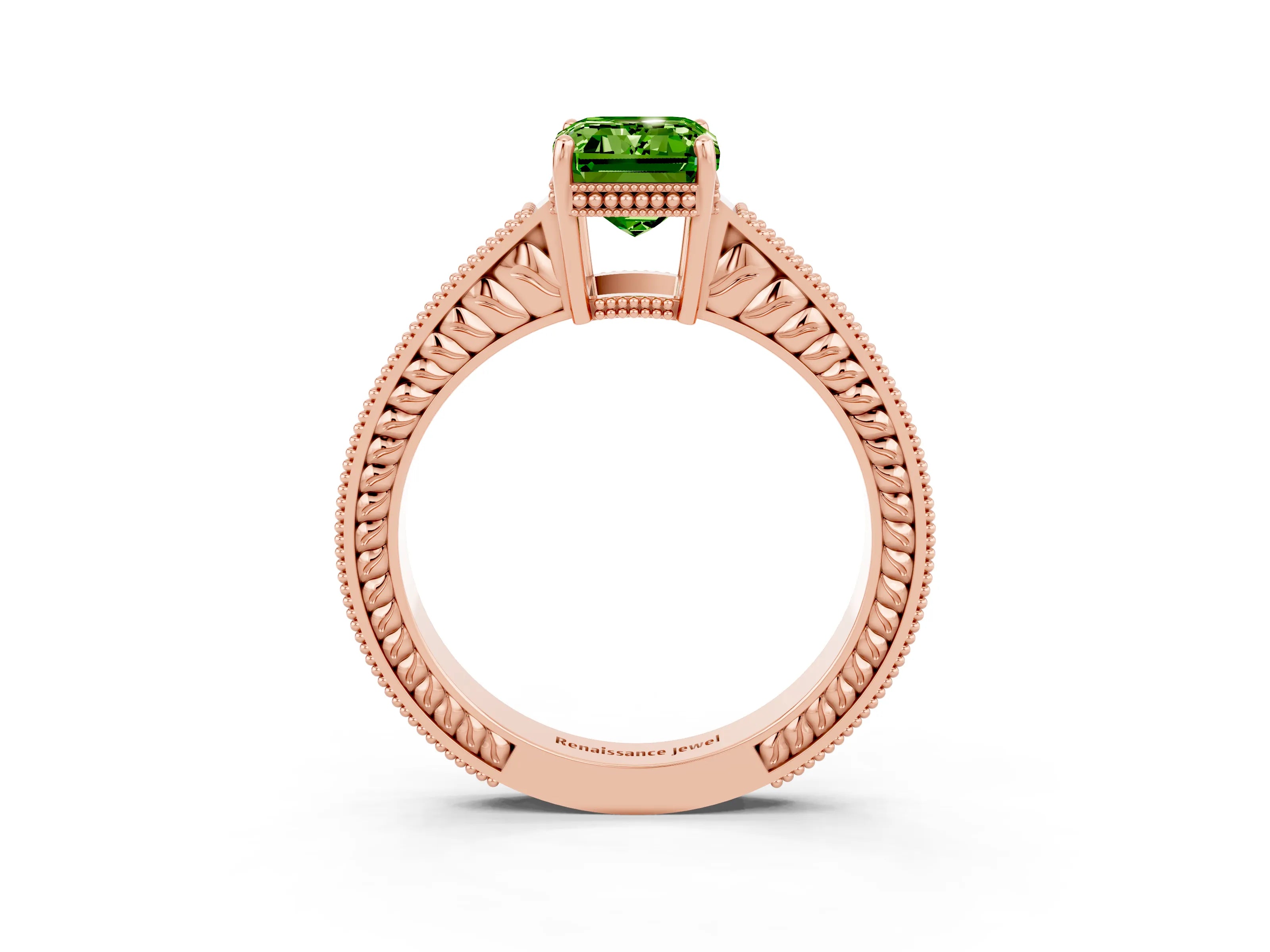 Rose gold Emerald Cut Peridot Engagement Ring with Milgrain Channel Set Band and Prong Setting_3