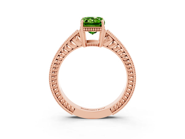 Rose gold Emerald Cut Peridot Engagement Ring with Milgrain Channel Set Band and Prong Setting