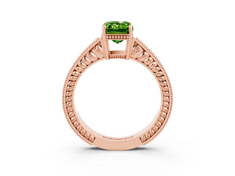 Rose gold Emerald Cut Peridot Engagement Ring with Milgrain Channel Set Band and Prong Setting_3