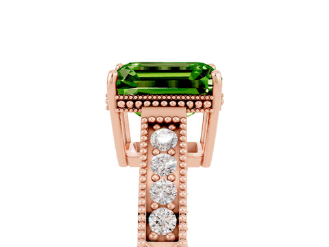 Rose gold Emerald Cut Peridot Engagement Ring with Milgrain Channel Set Band and Prong Setting_5