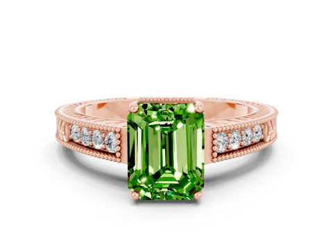 Rose gold Emerald Cut Peridot Engagement Ring with Milgrain Channel Set Band and Prong Setting