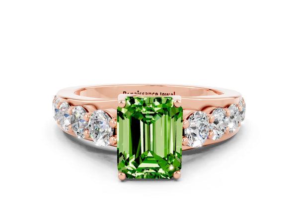 Rose gold Emerald Cut Peridot Engagement Ring with Pavé Band and Four-Prong Setting