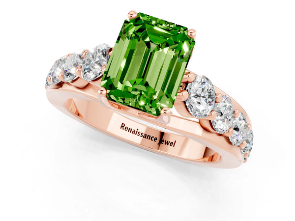 Rose gold Emerald Cut Peridot Engagement Ring with Pavé Band and Four-Prong Setting